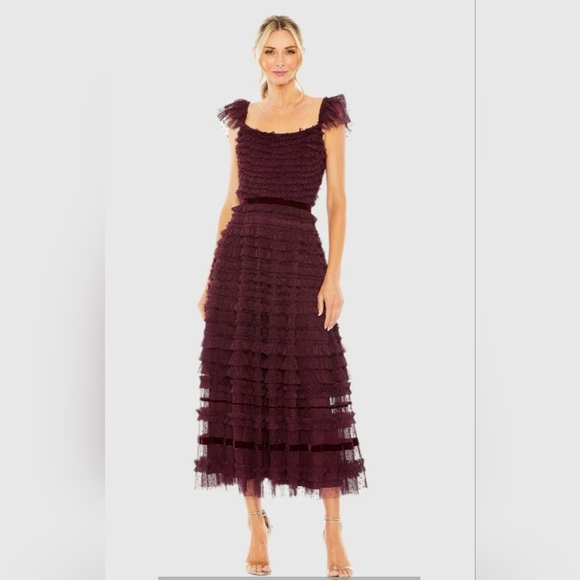 NWT!! MAC DUGGAL, Ruffle Cap Sleeve Tiered Midi Dress, Amethyst-NWT Size 4 -$398 - Picture 1 of 11